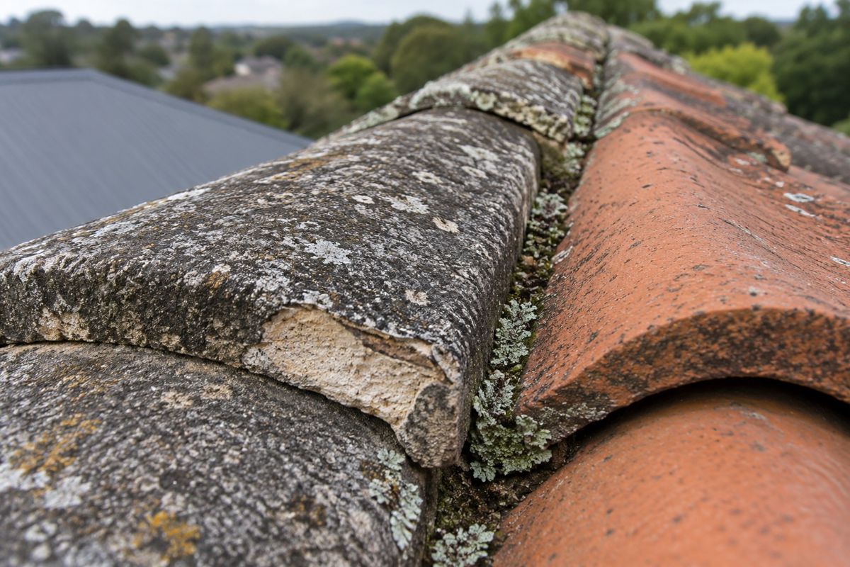 Close view of worn concrete and terracotta roof tiles with lichen