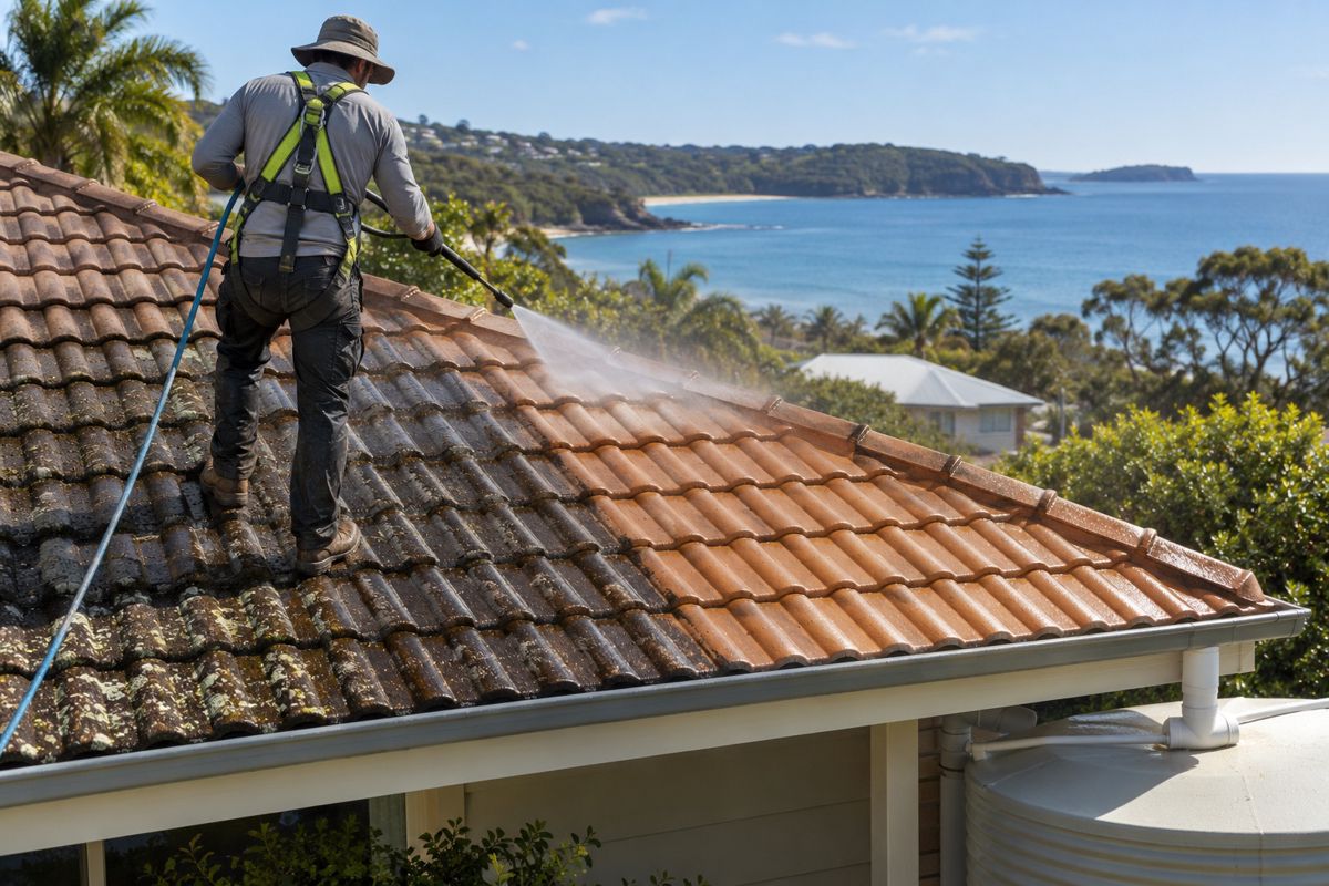 Roof cleaner in a harness soft washing a tile roof