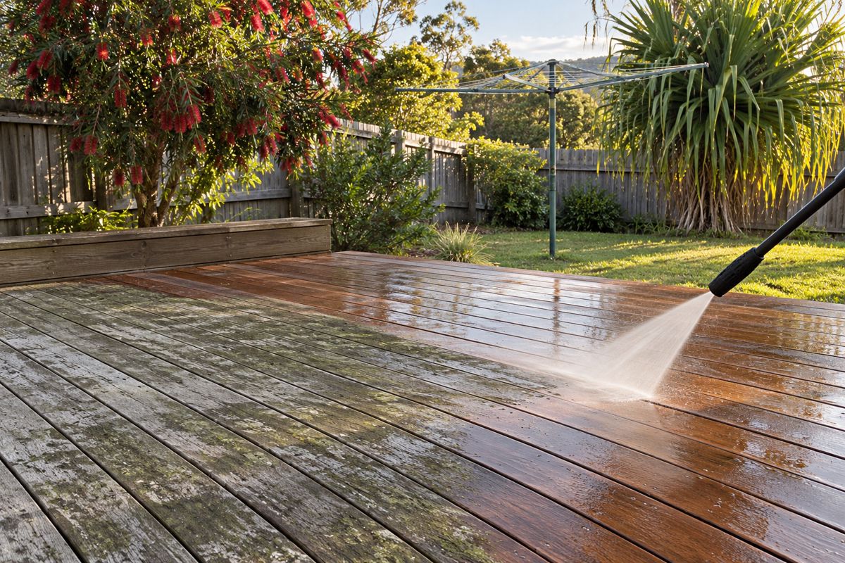 Timber deck half washed, warm brown boards beside grey mouldy boards