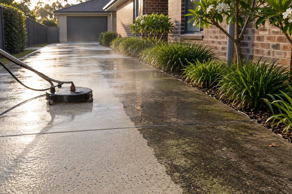 Half cleaned concrete driveway showing pale clean and dark mouldy sections