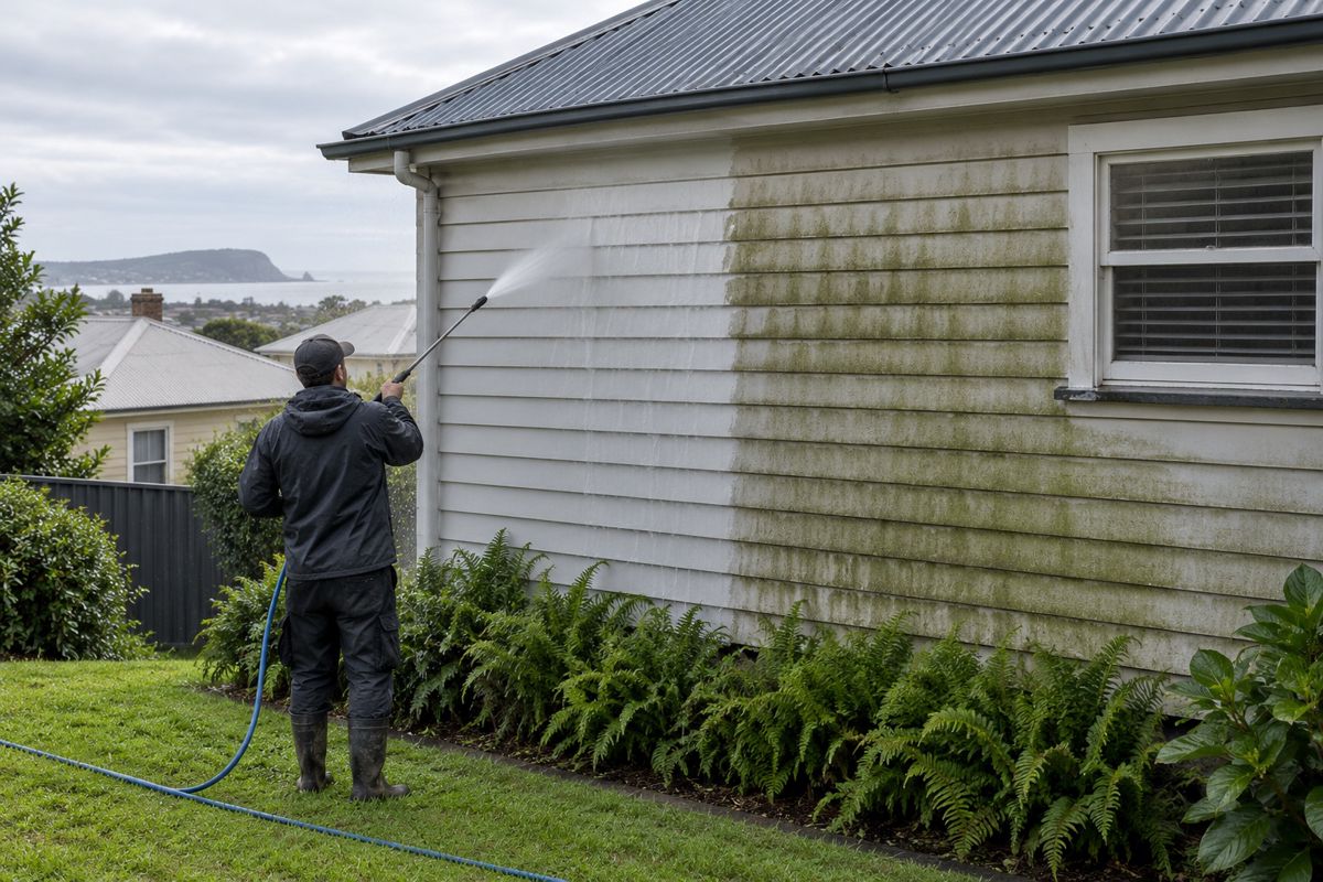 Weatherboard wall partly soft washed, clean boards beside green streaks