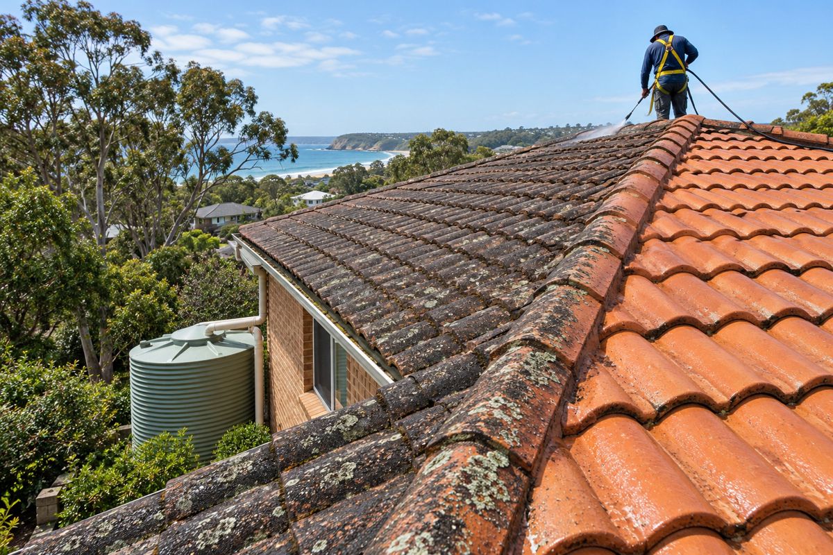 Terracotta tile roof partly cleaned, orange tiles beside dark lichen